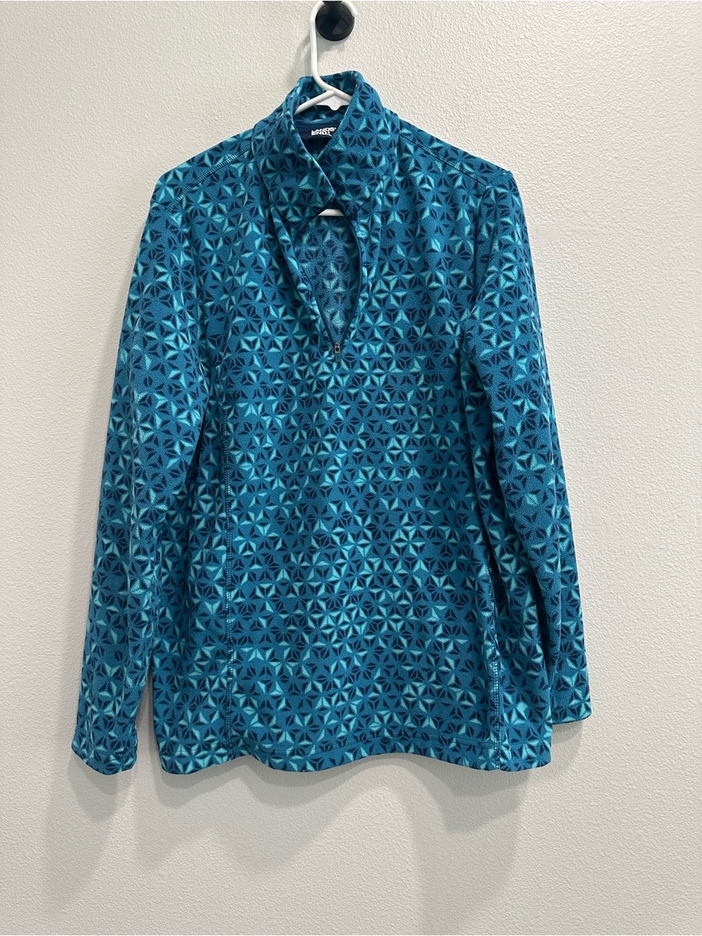 Lands' End Teal and Navy Geometric Fleece Pullover,quarter zip,women’s large